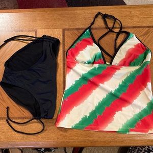 Red green yellow bob marley style two piece swimsuit